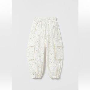Zara Kids Girls Embroidered Cream Cargo Pants